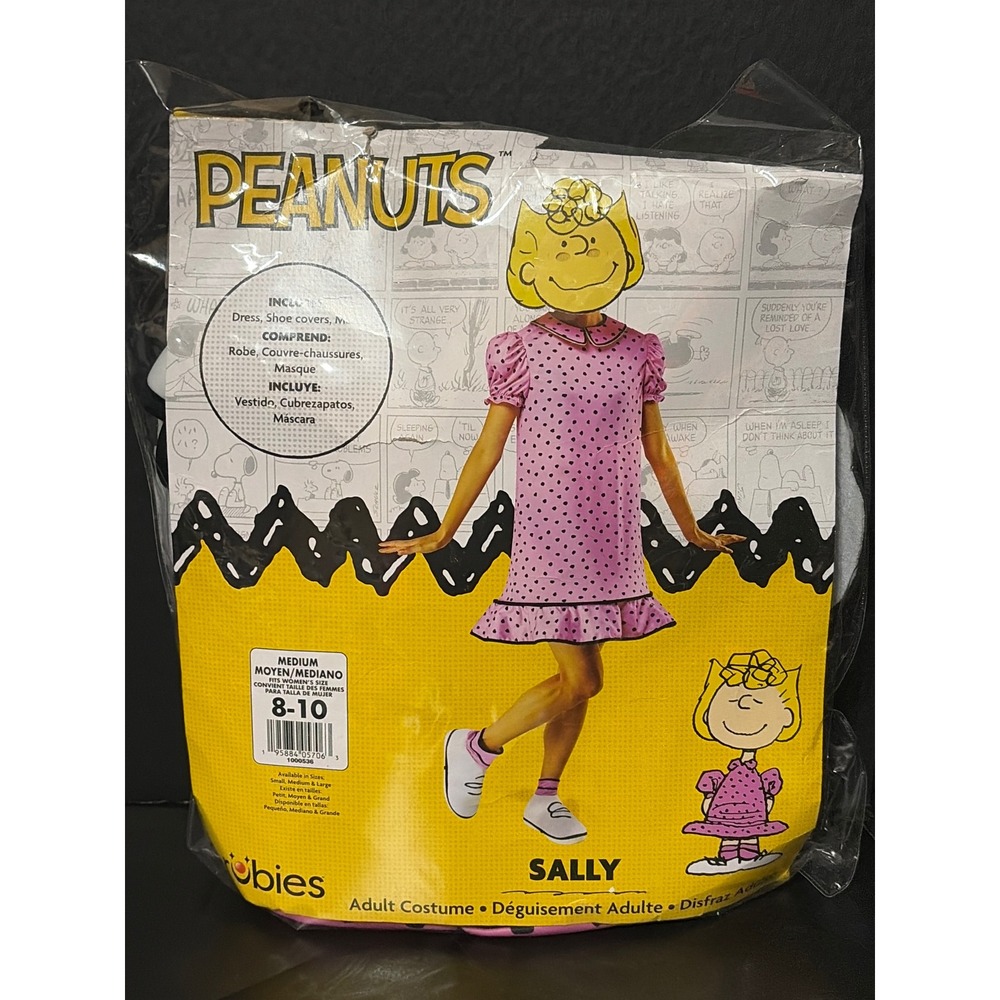 Peanuts Sally Adult Costume Medium 8-10 Dress Mask Shoe Covers New Open Box